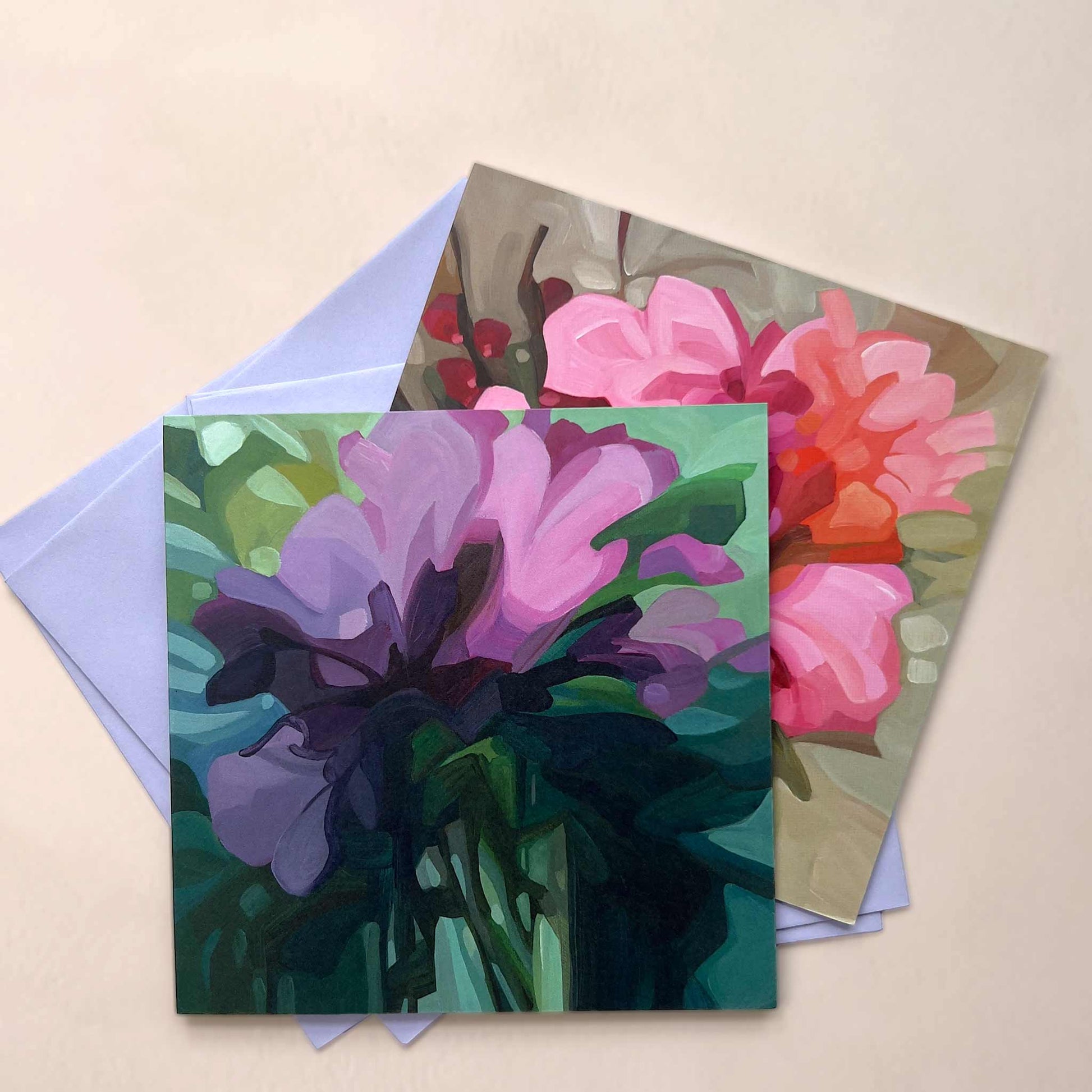 abstract floral art cards with pink and purple flowers for sale UK wholesale