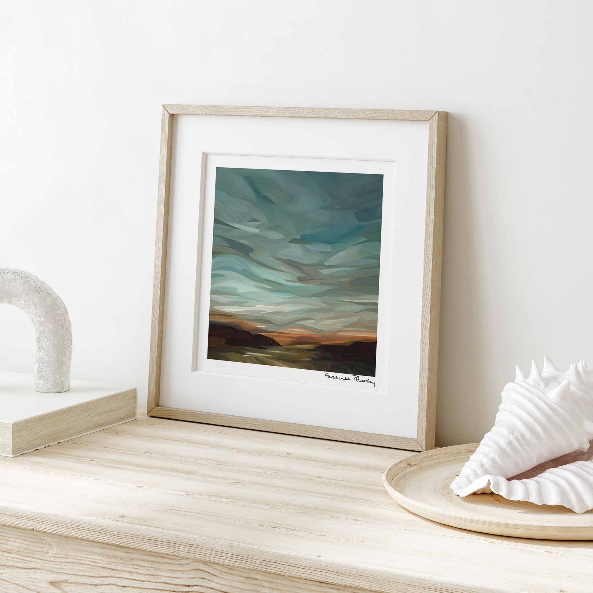 square teal abstract evening sky painting fine art print