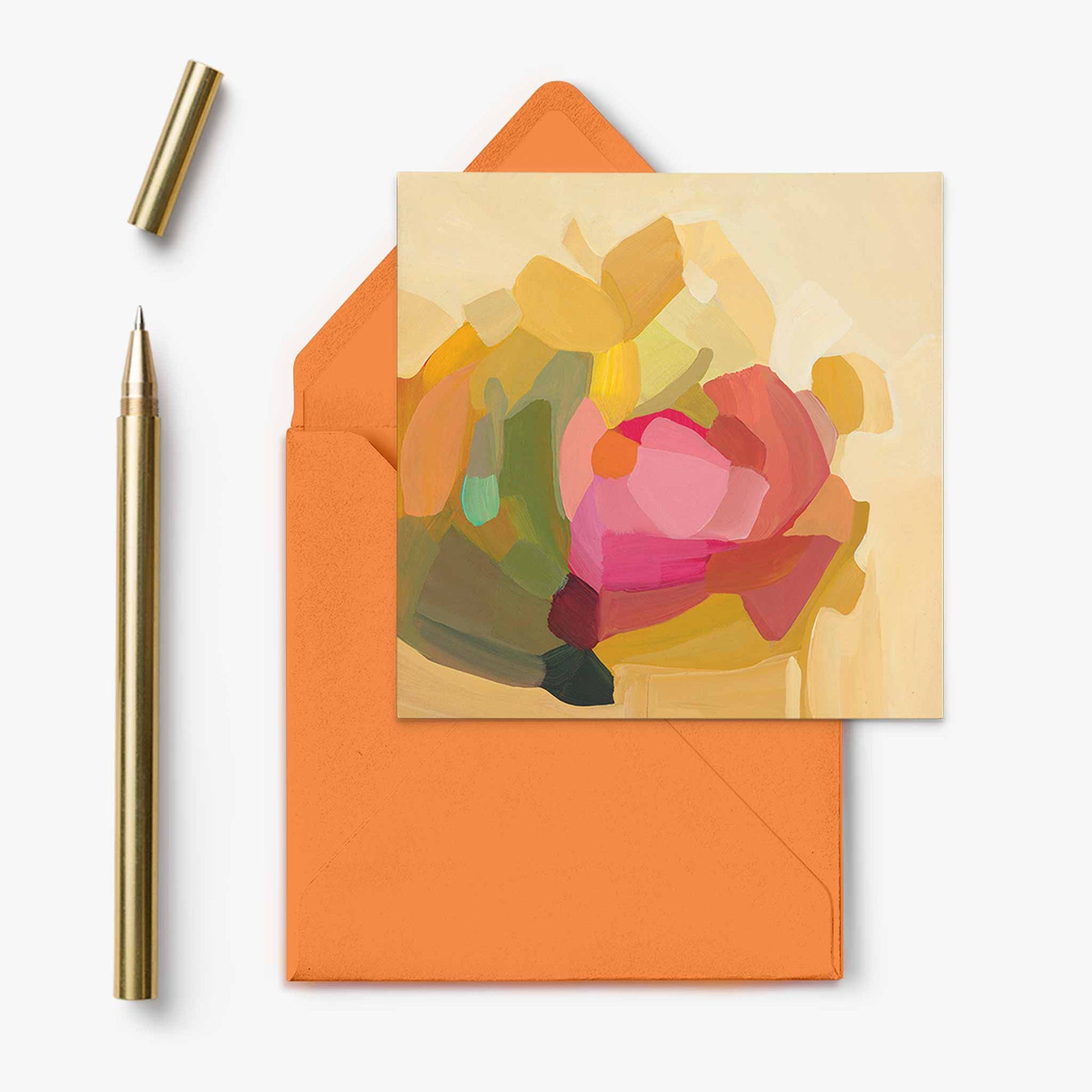 abstract yellow floral art card with orange envelope