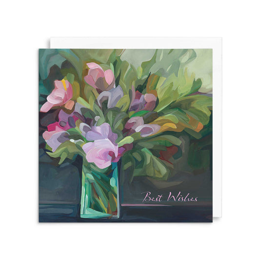 purple flowers best wishes card uk