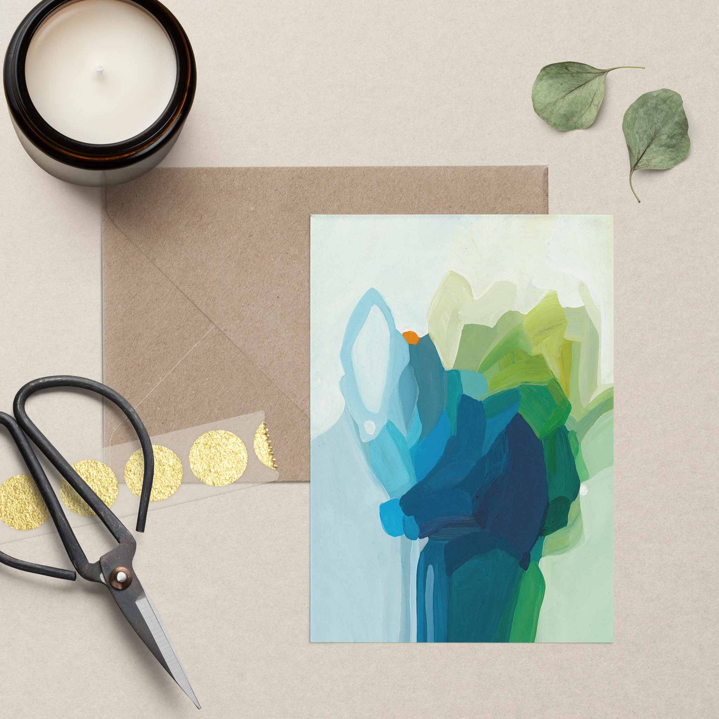 blue green A6 art cards UK flat lay