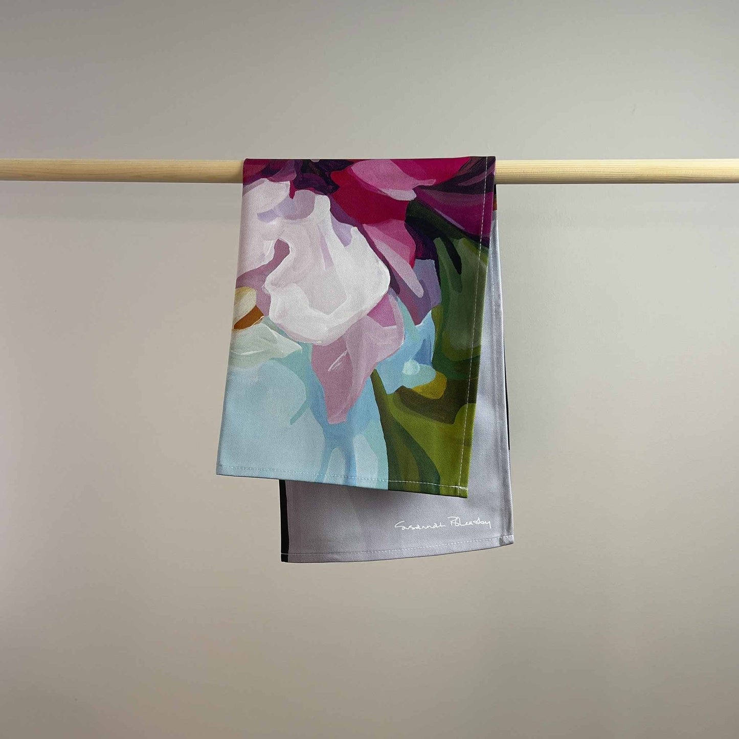 cotton tea towel with pink flowers