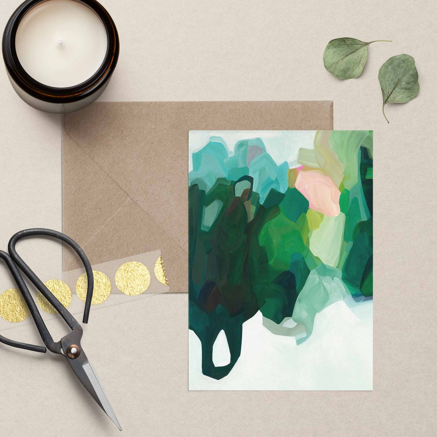 flat lay of green abstract A6 art card UK