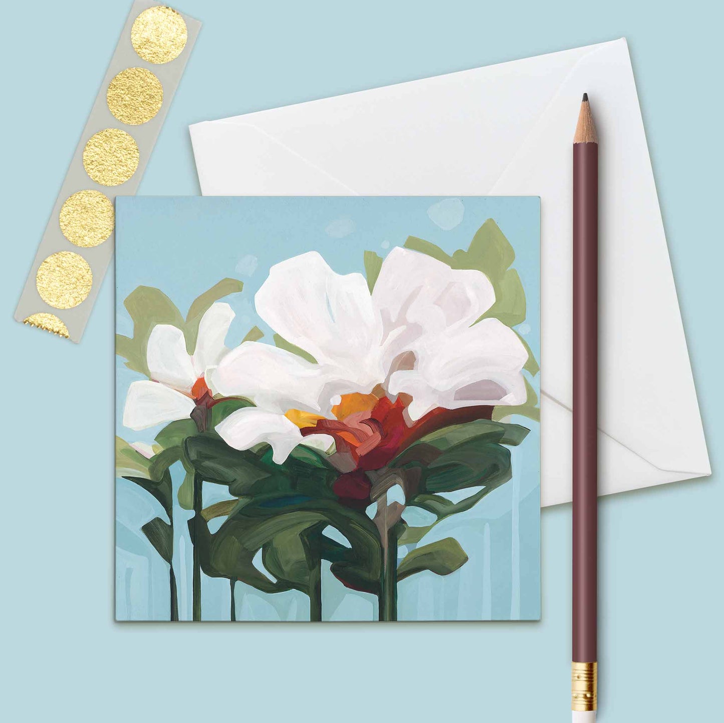 light blue art card with white flower painting from UK wholesale art cards by Canadian artist Susannah Bleasby