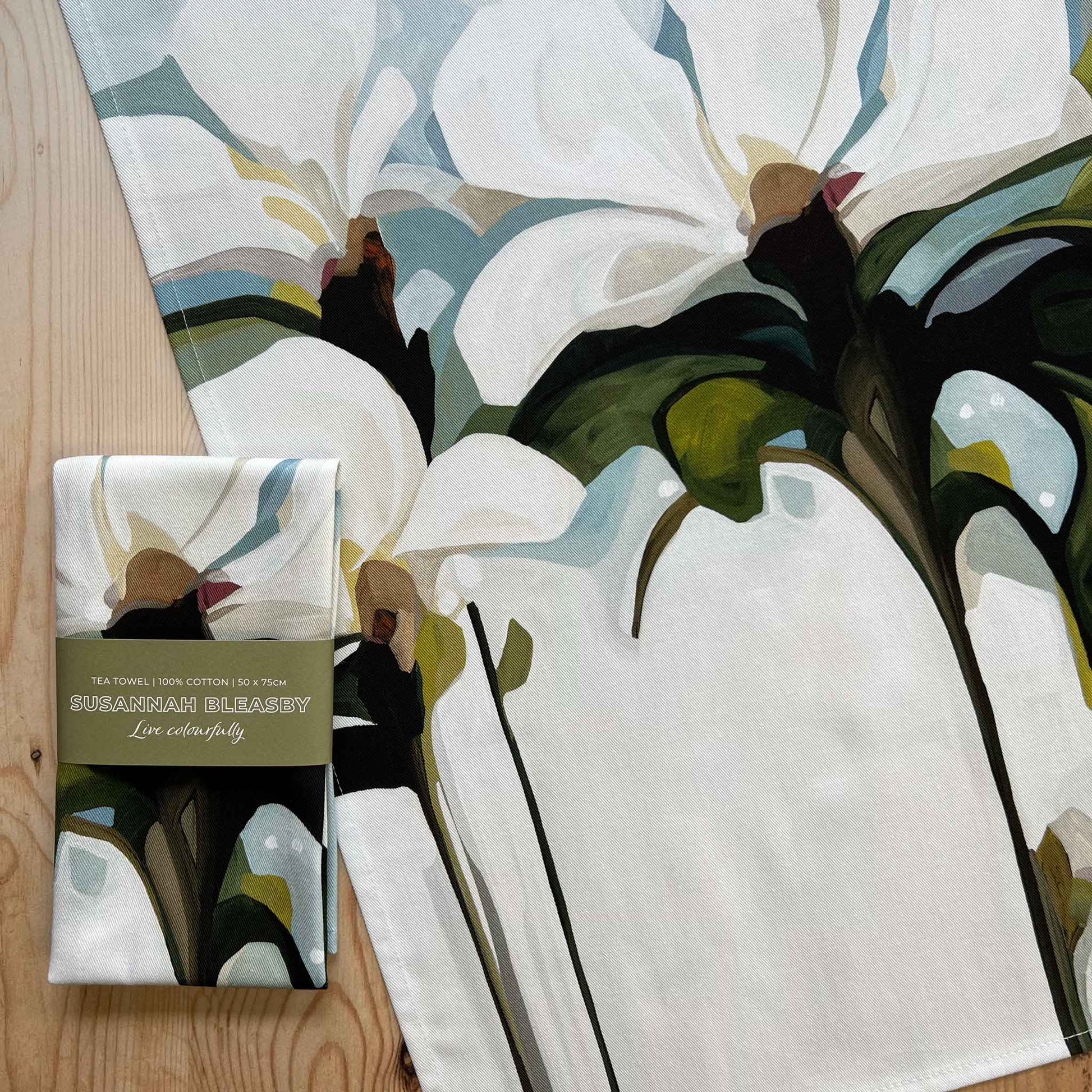 light blue floral cotton tea towel