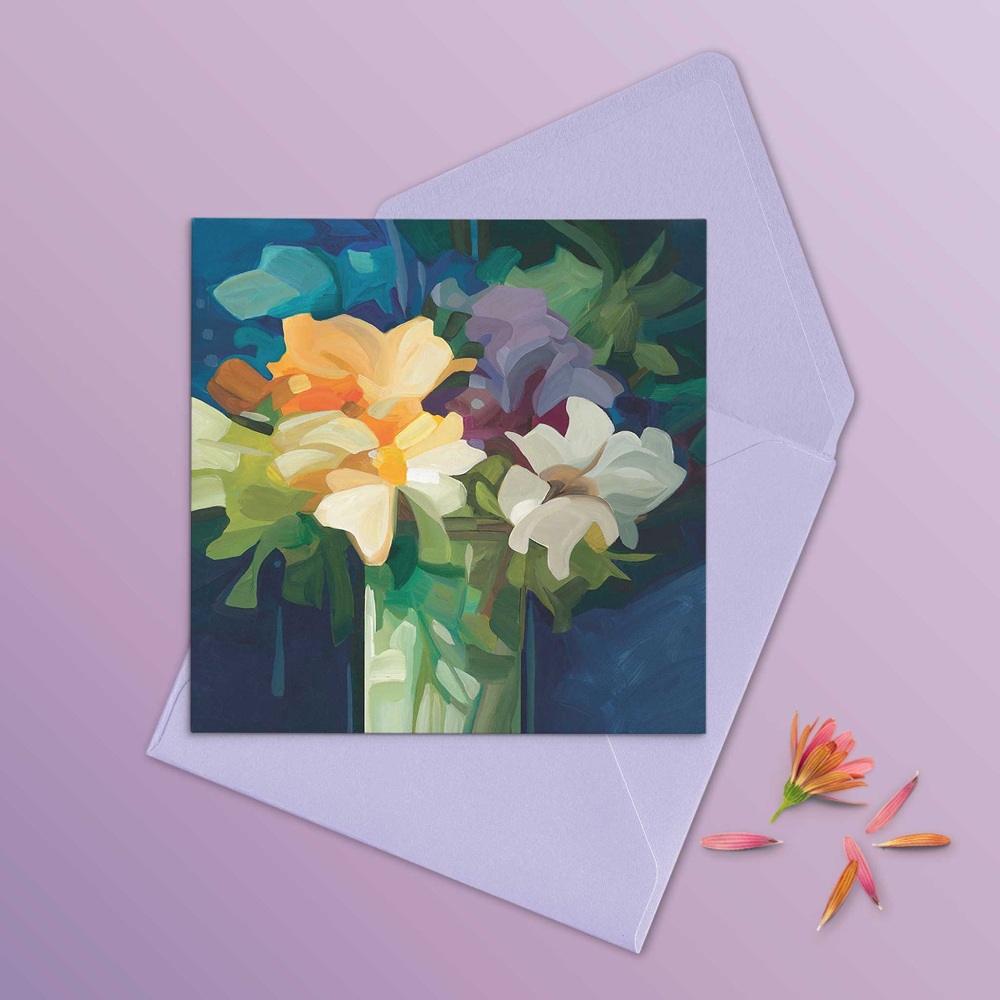 abstract floral art cards with lilac envelope