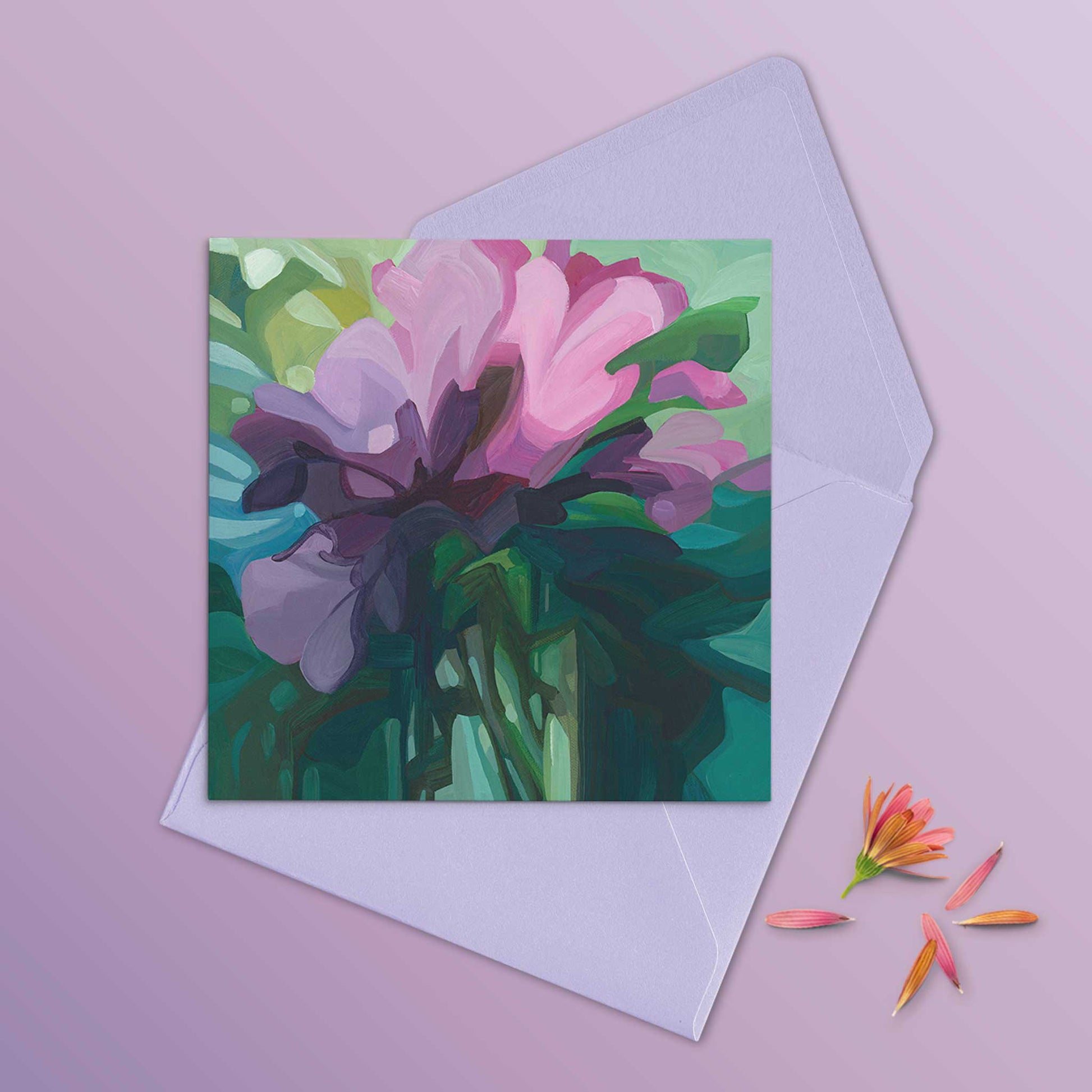 pink and mauve abstract floral fine art card with lilac envelope