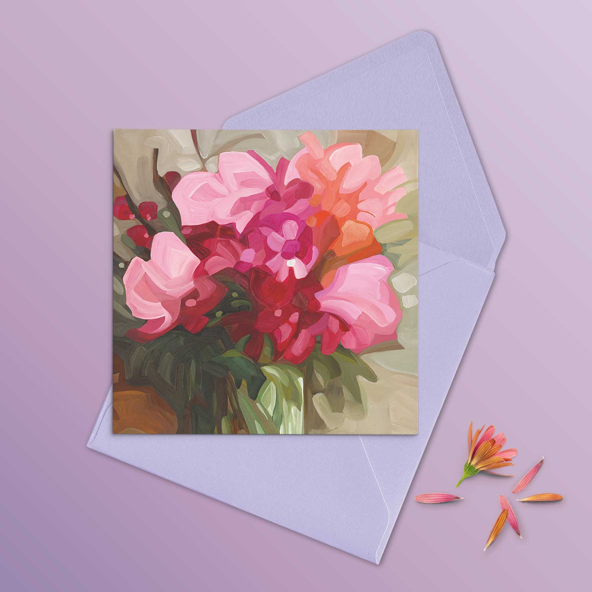small floral abstract art card with lilac envelope
