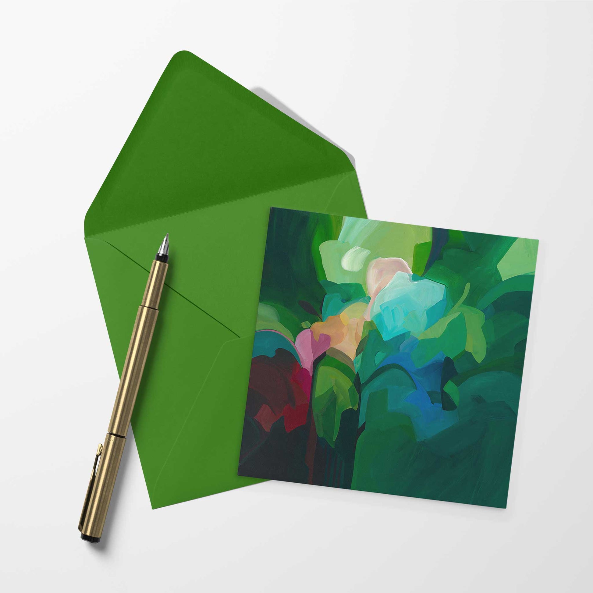 blank art card with emerald green abstract artwork and green envelope