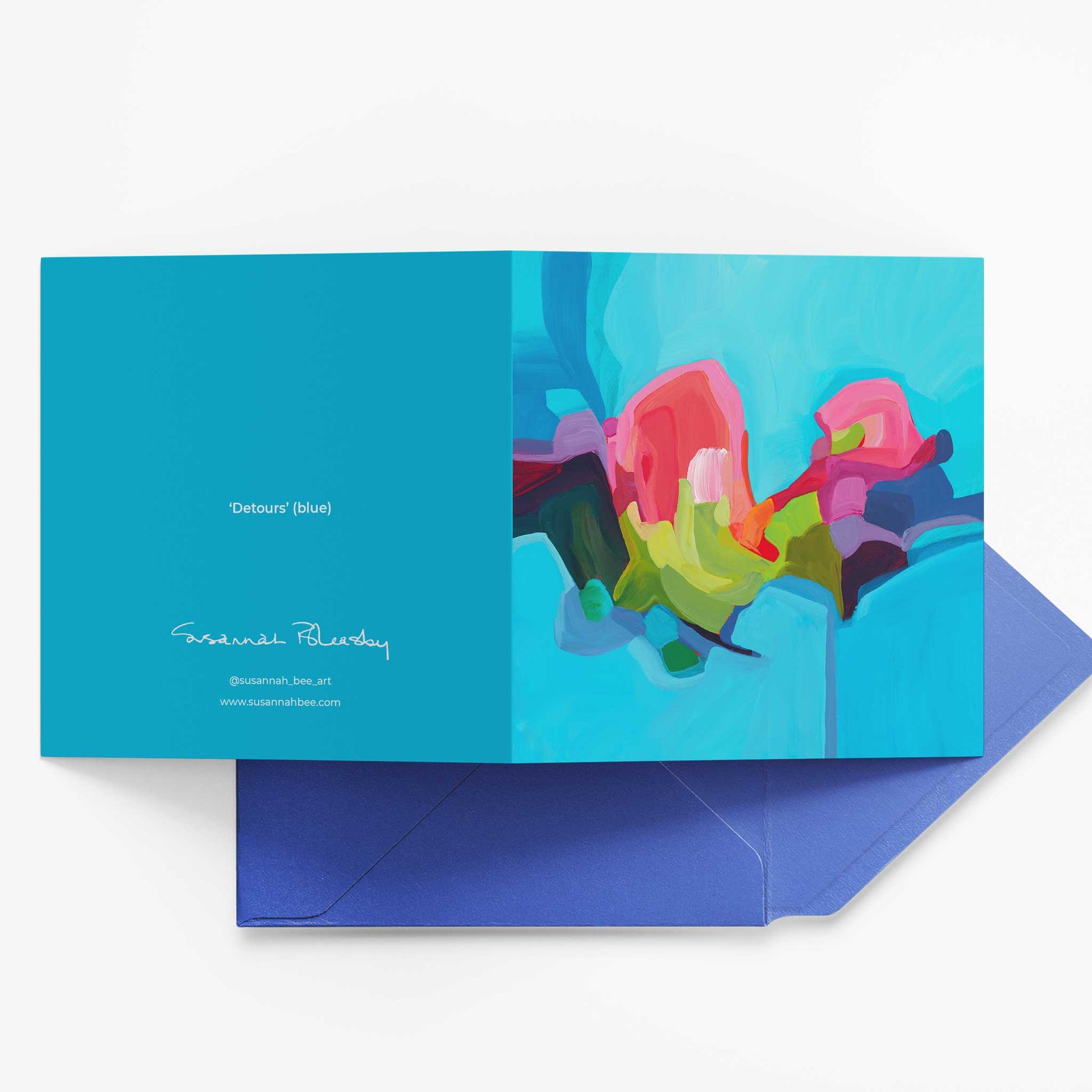 art card UK with blue abstract design and matching blue envelope