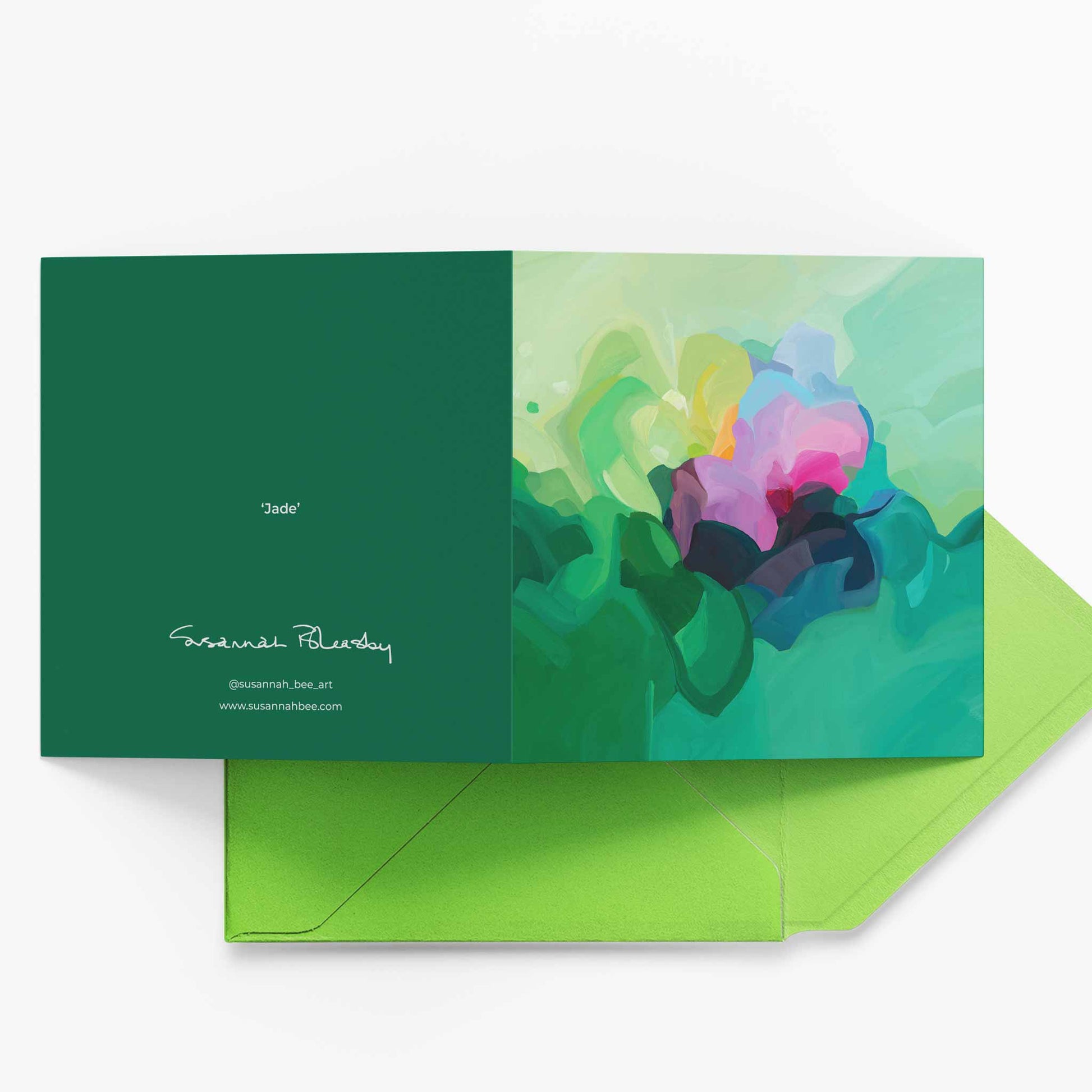 jade green abstract greeting card UK with lime green envelope