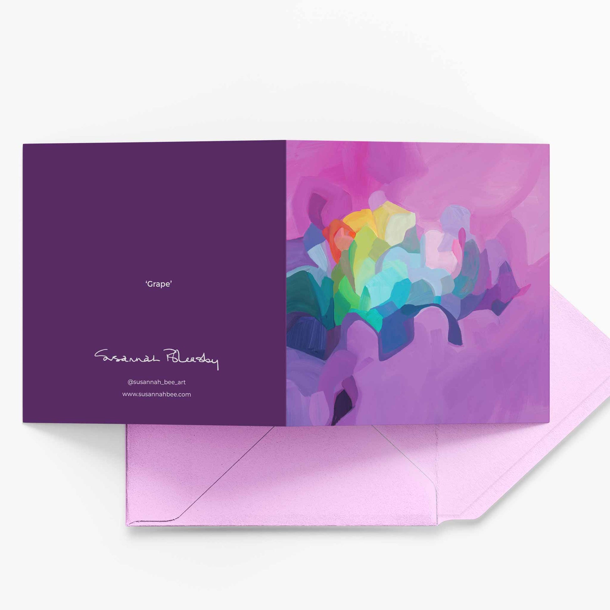 mauve abstract greeting card paired with pink envelope