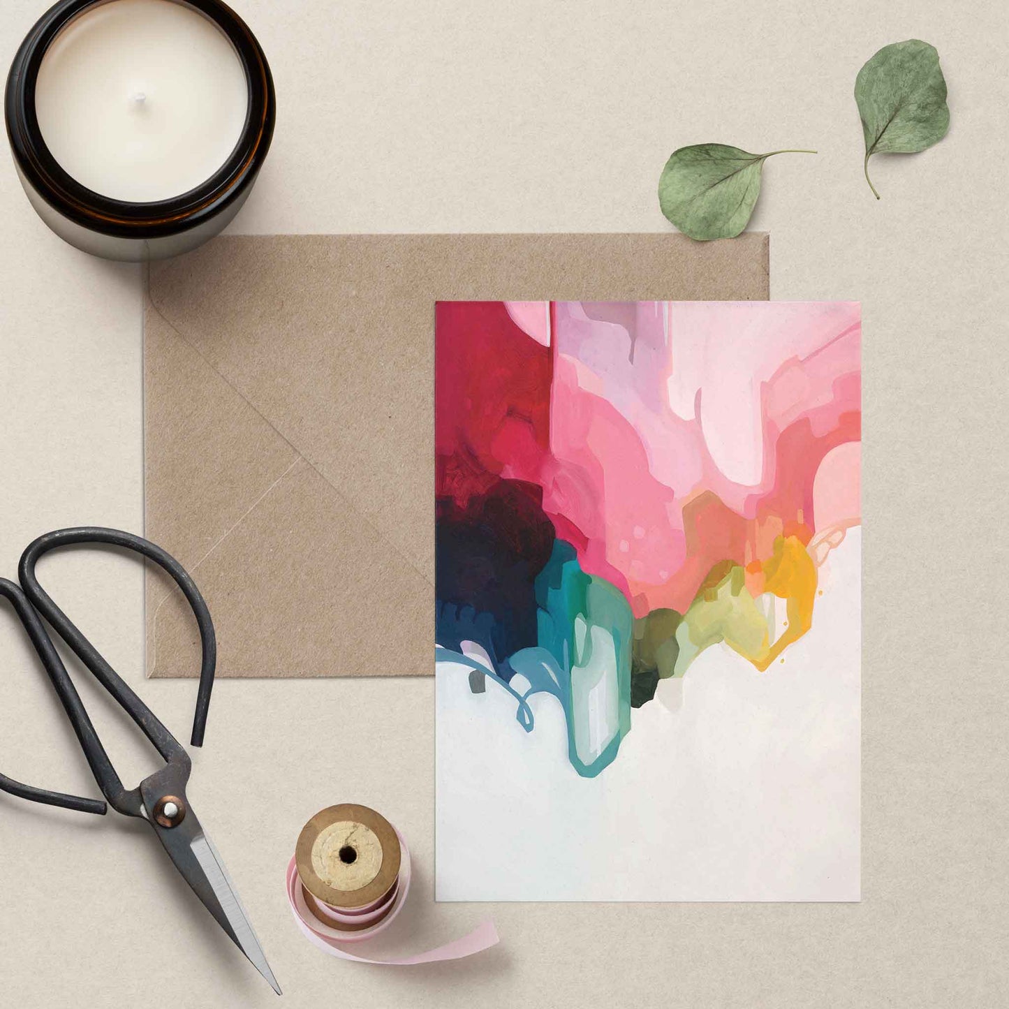 blank art greeting card UK featuring abstract artwork nd a kraft envelope