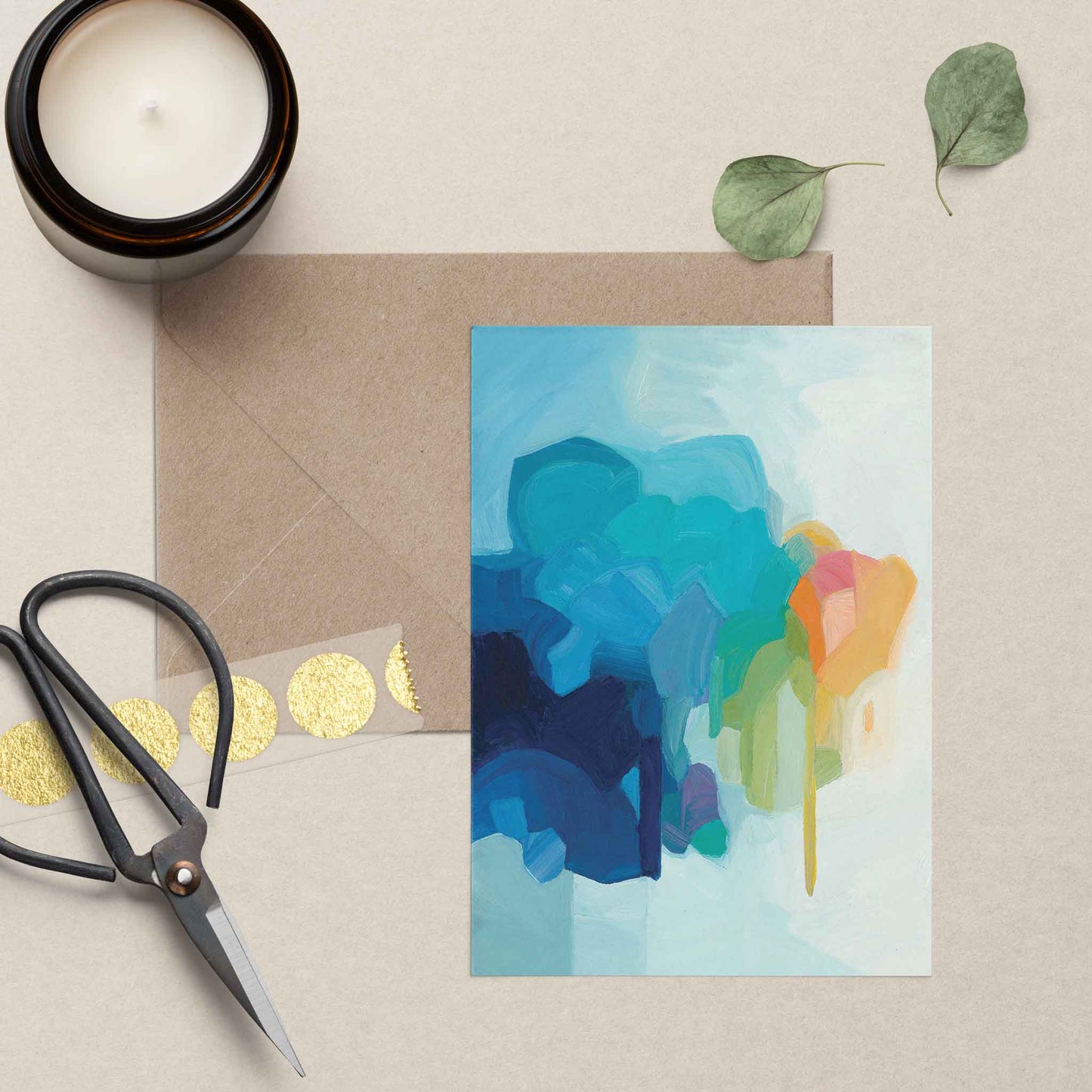 blank greeting card UK wiht blue abstract artwork and kraft envelope