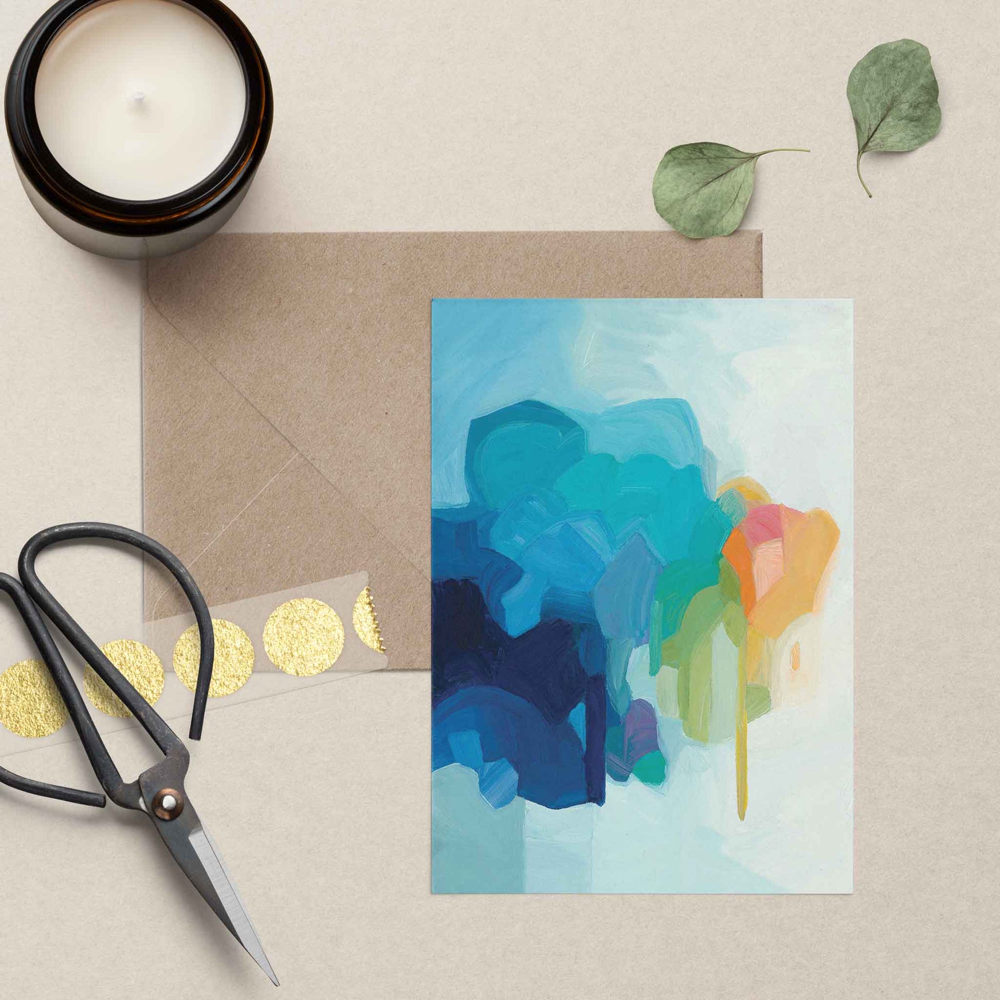 blank greeting card UK wiht blue abstract artwork and kraft envelope