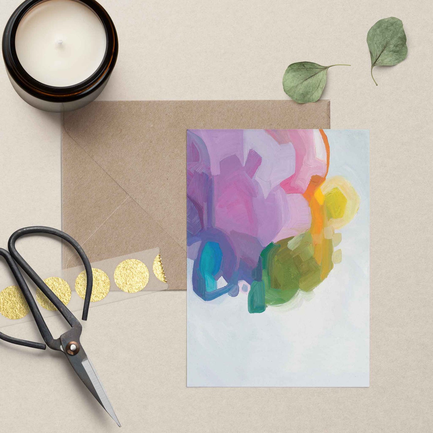 blank greeting card UK with mauve abstract artwork and kraft envelope