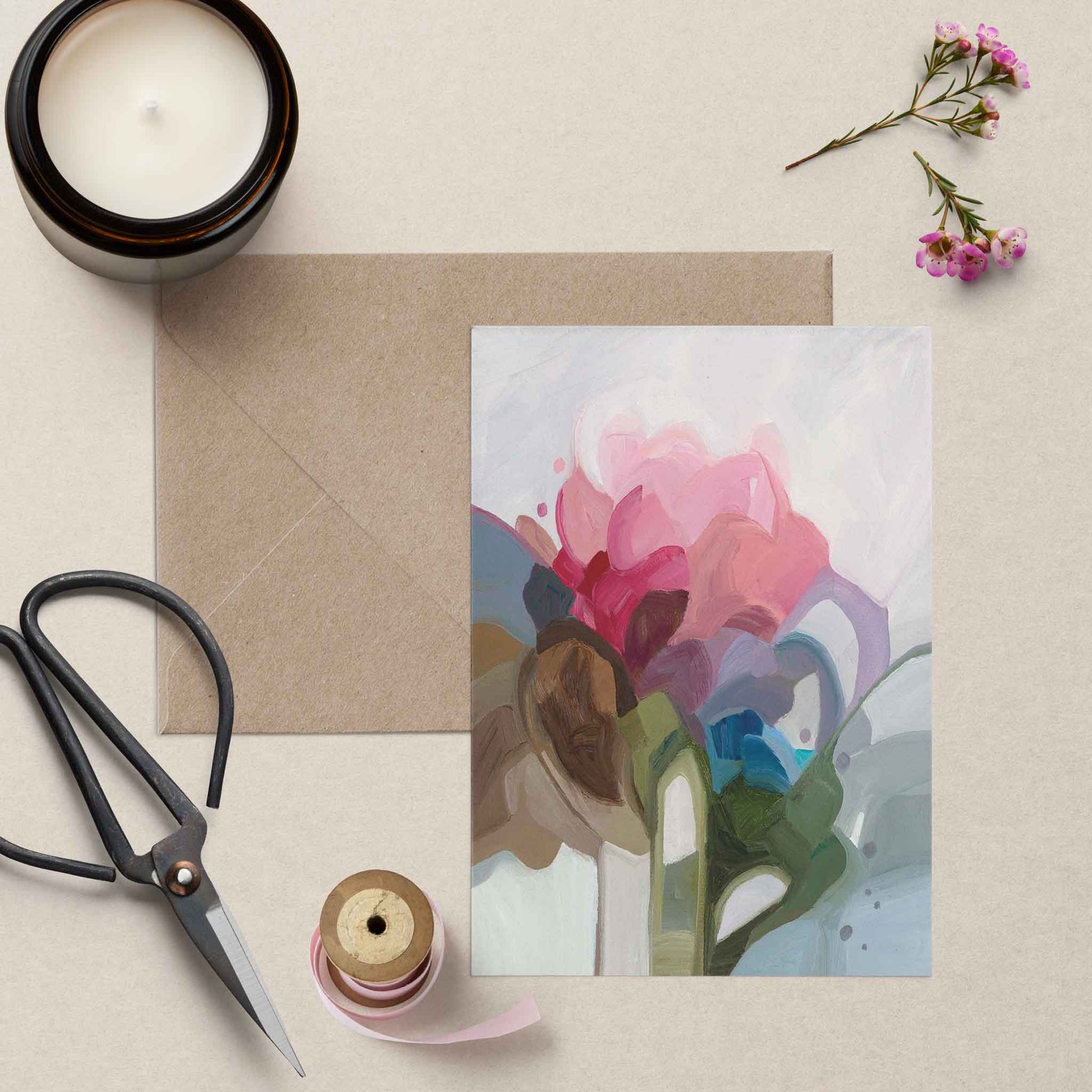 blank art greeting card UK with abstract artwork and kraft envelope