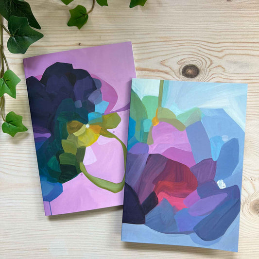 A5 notebooks with mauve and periwinke abstract covers