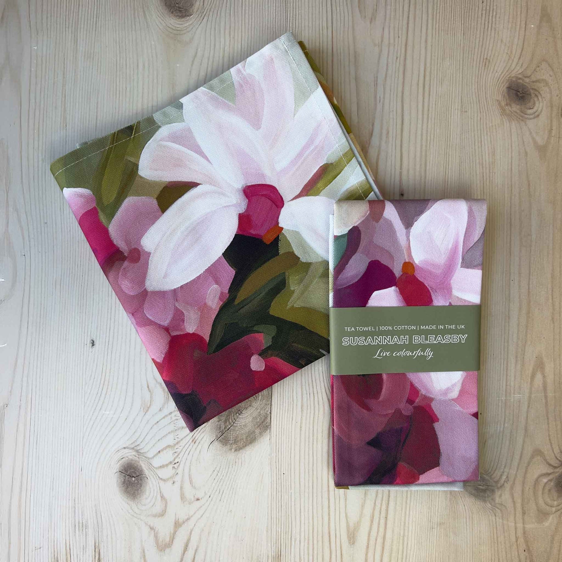 pink floral cotton tea towels made in UK