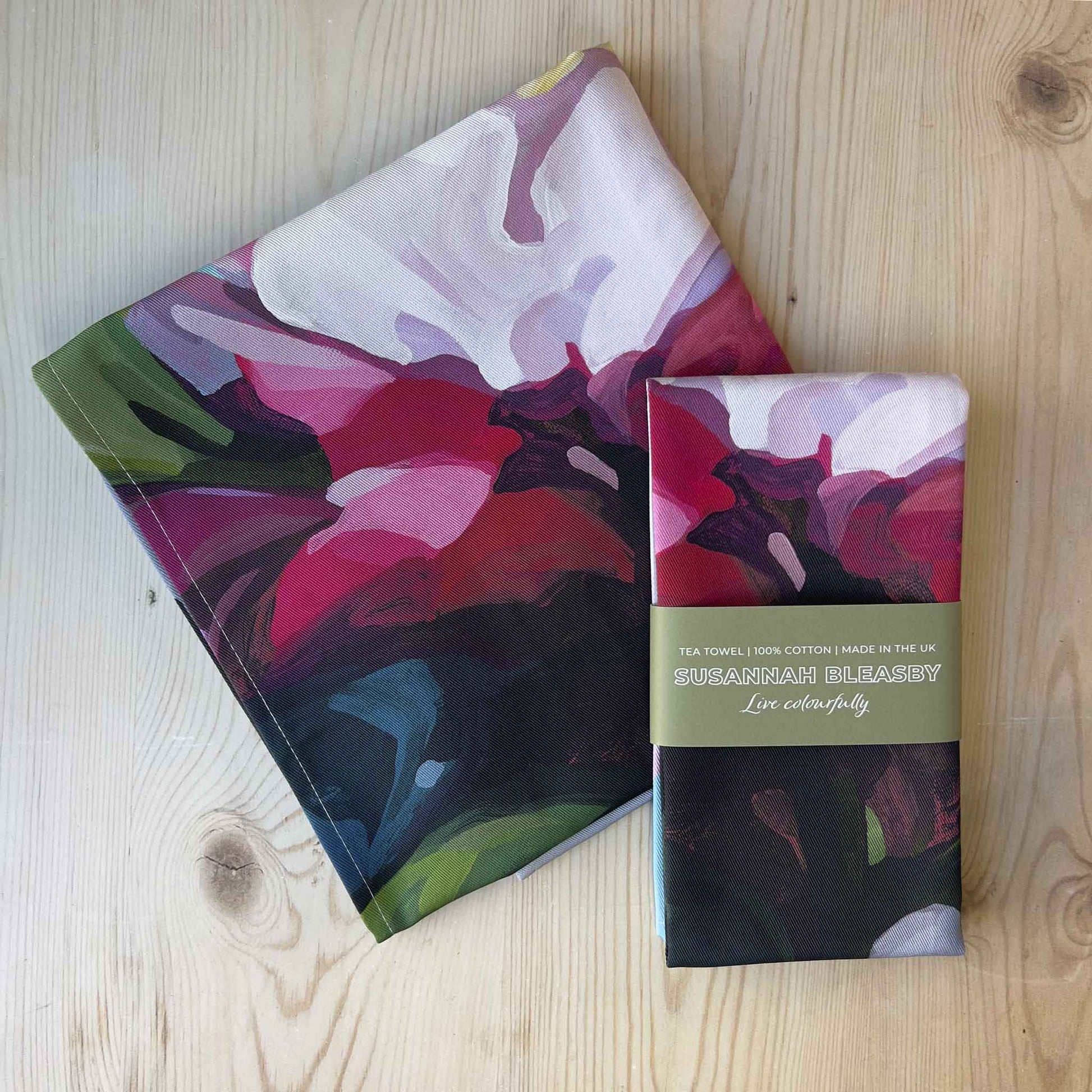 british cotton tea towels with pink floral design