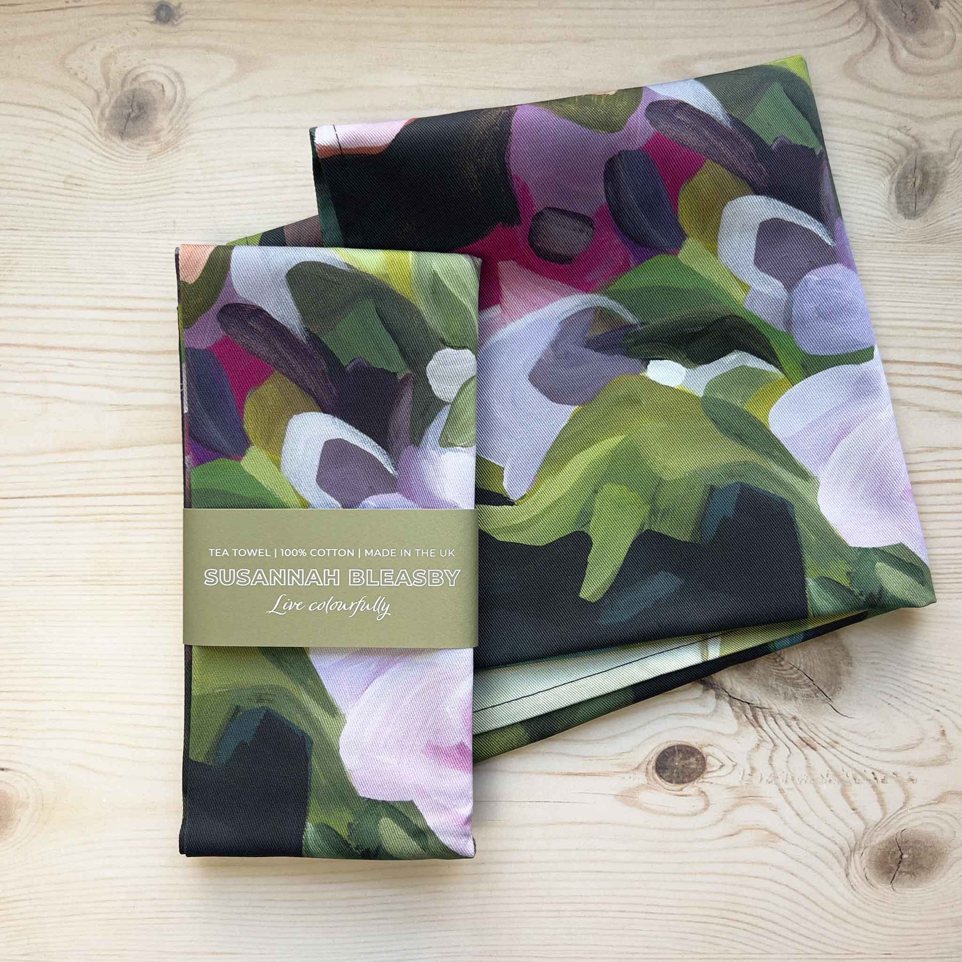 british tea towels with purple floral design