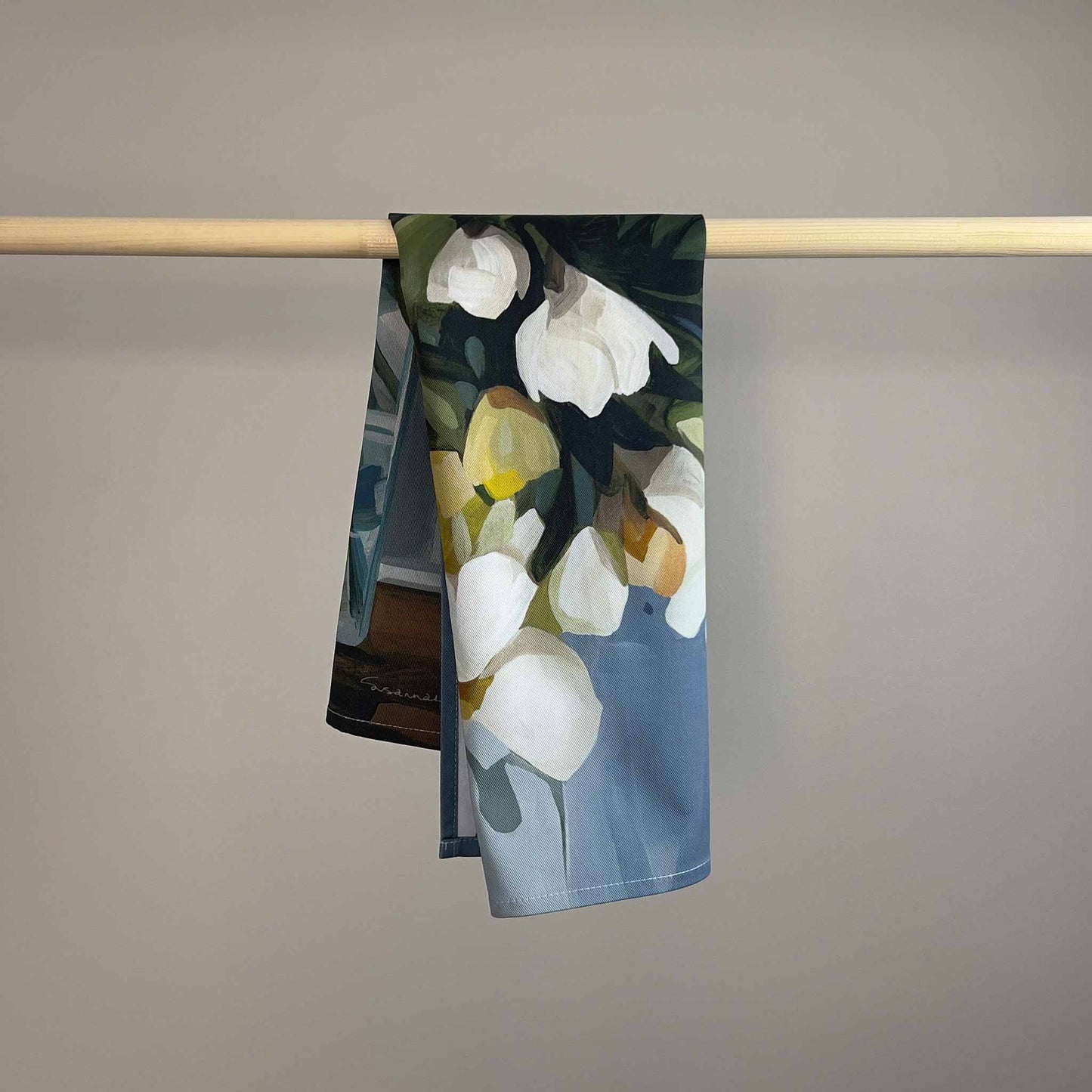 british cotton tea towel with yellow flowers on a blue background