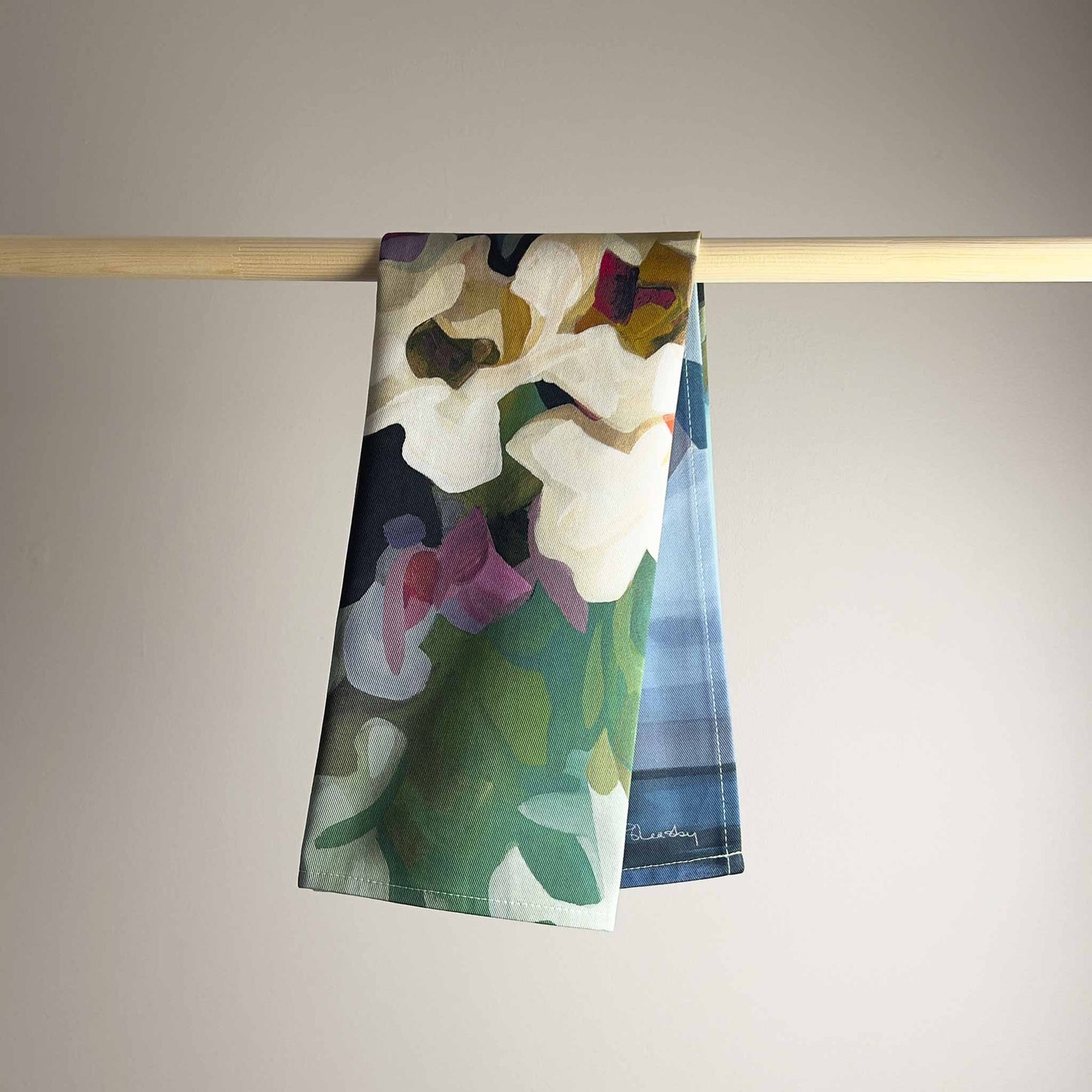green blue and purple abstract floral tea towels