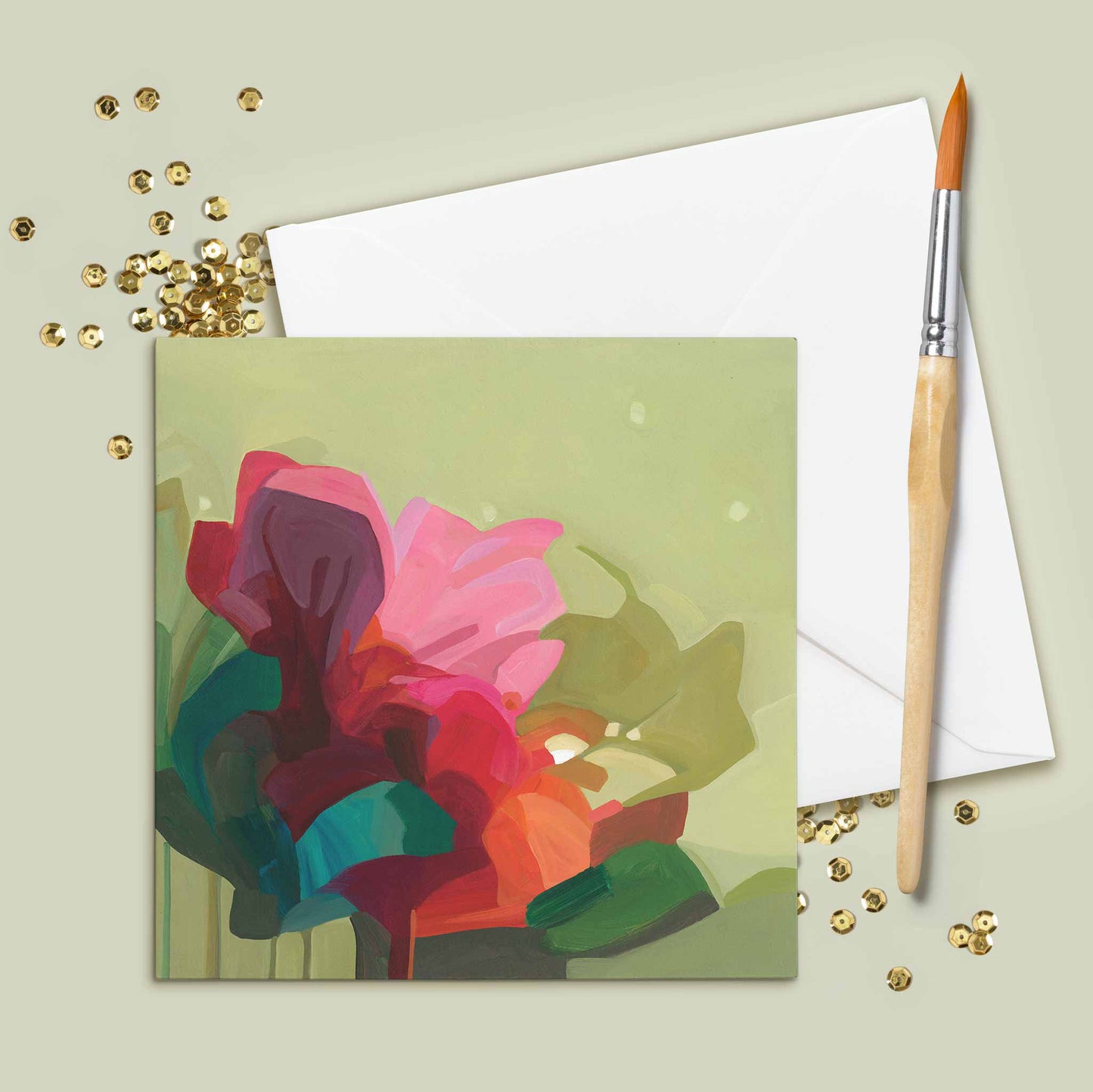 green abstract spring flower art cards