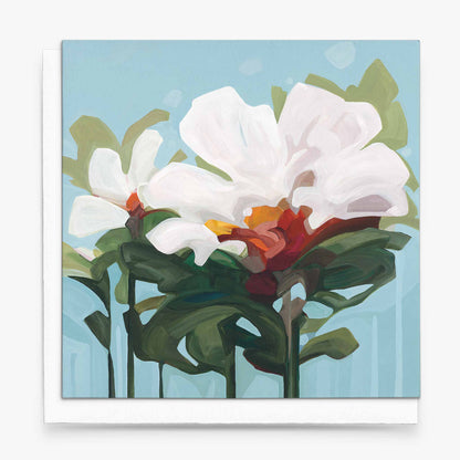 white abstract flowers on blank art card from UK wholesale art cards by Canadian artist Susannah Bleasby