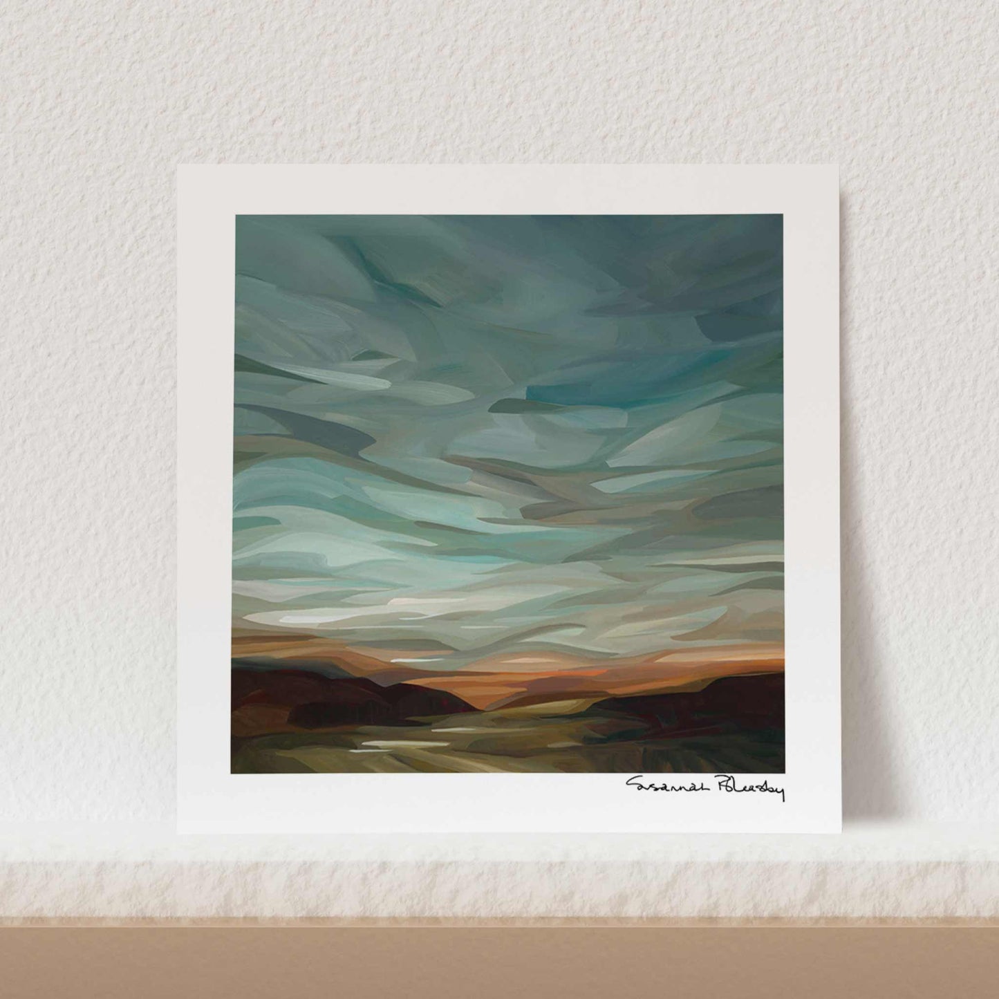 square art print teal green evening sky painting 12x12