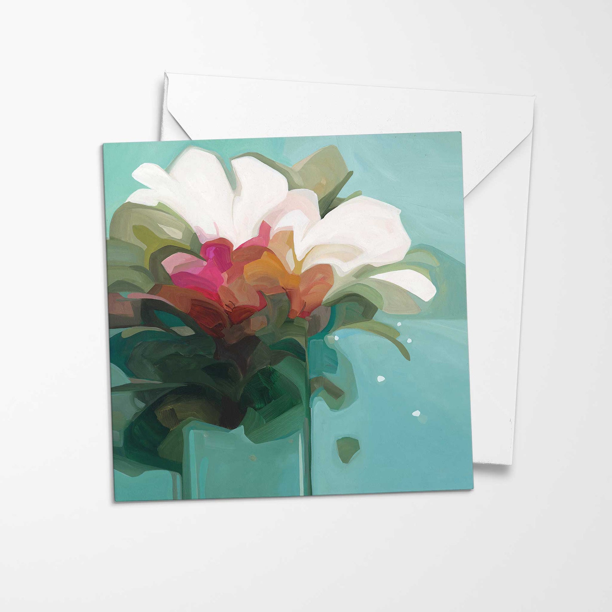 pink and white flowers grace a teal art card from UK wholesale cards by Canadian artist Susannah Bleasby