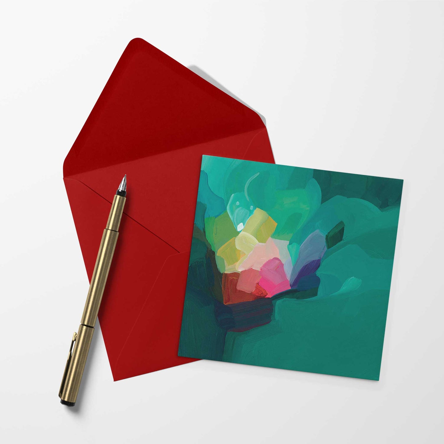 Colourful abstract design on a green art greeting card