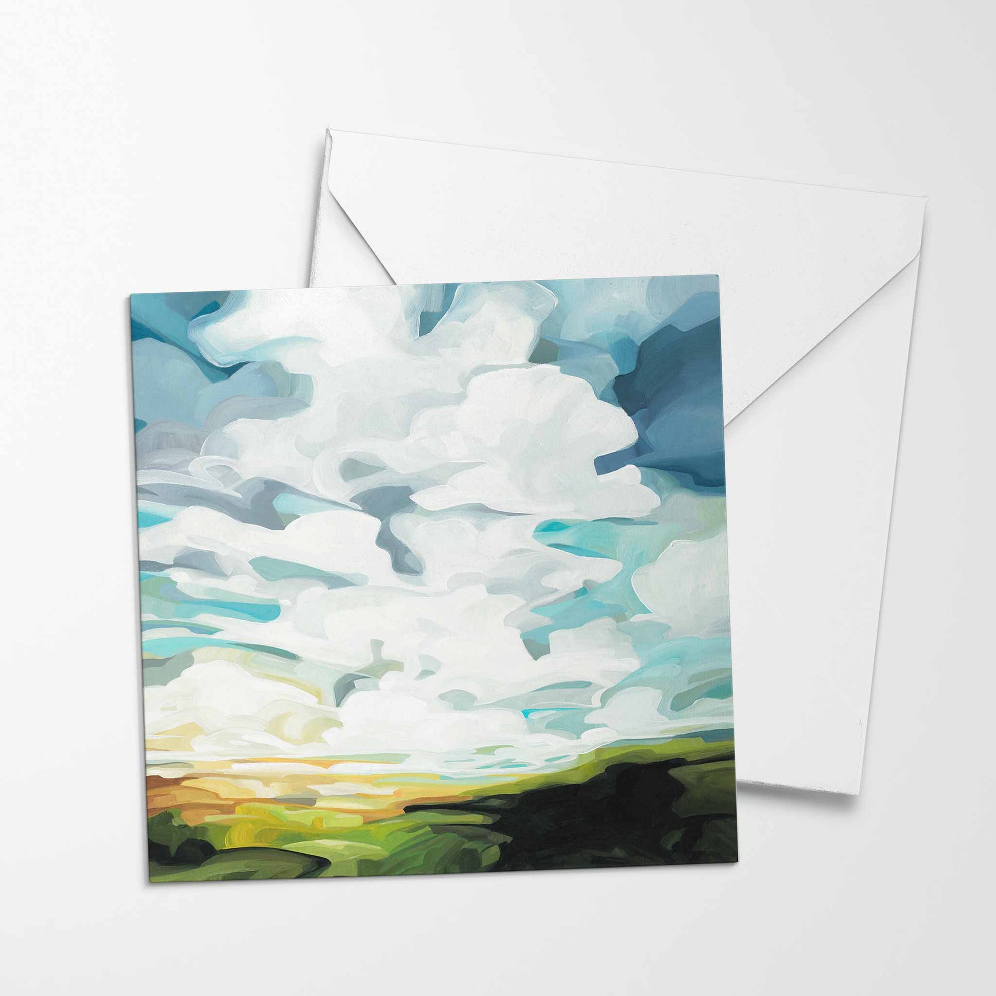 green fields and sunshine painting on UK blank greeting card