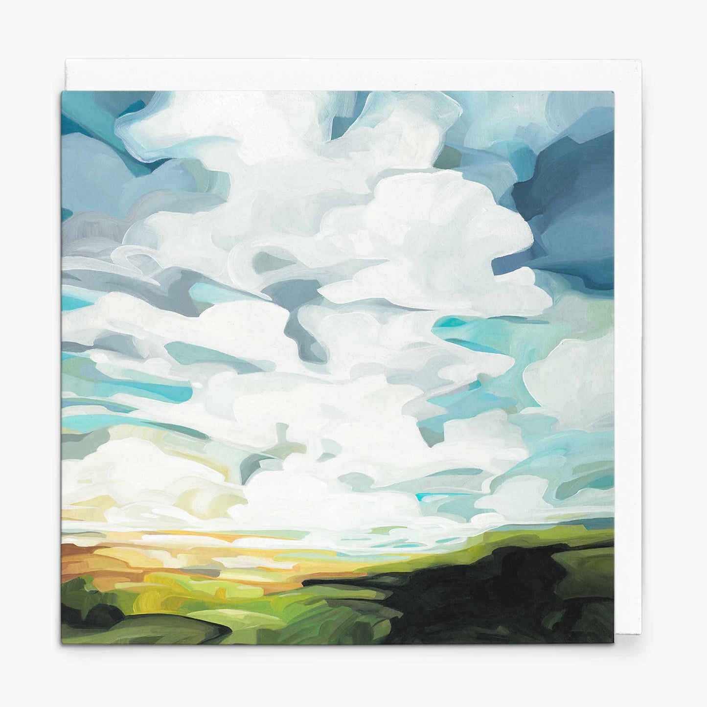 fine art greeting card with painting of green fields and sunny sky 